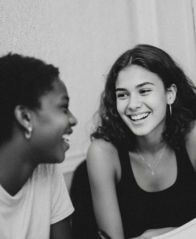 Black and white photography of white and black teenage girls in luxury rehab