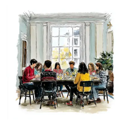 Group or teenagers and young adults eating healthy lunch