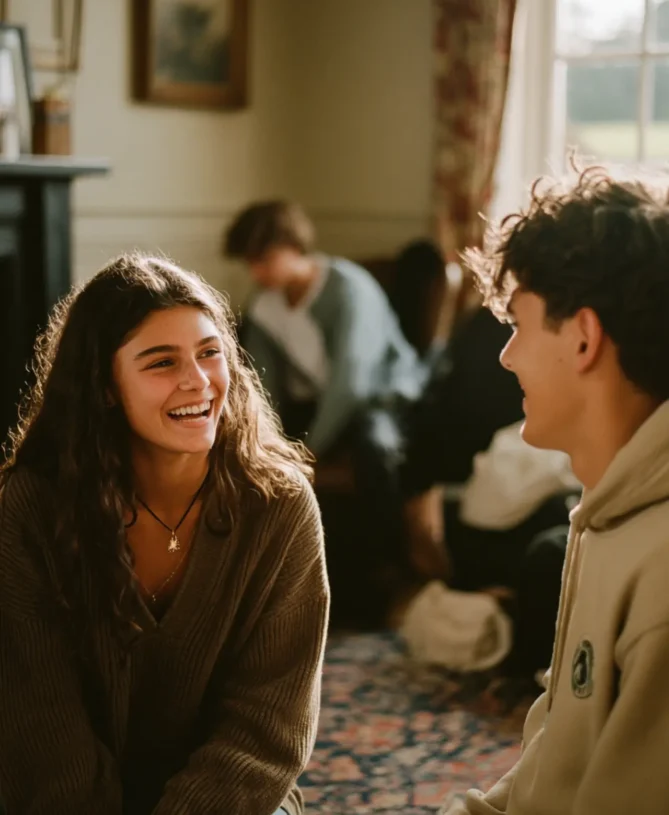 Teenage girl and boy enjoying free time after group therapy in residential rehab for teenagers.